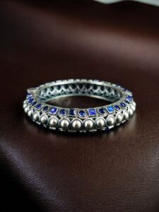 Oxidized Stone Work Silver Replica Openable Bangle | Traditional Beautiful Jewelry — "Blue"