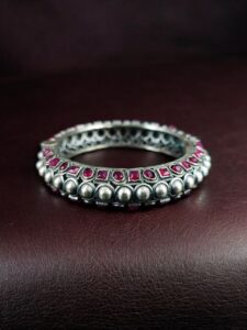 Oxidized Stone Work Silver Replica Openable Bangle | Traditional Beautiful Jewelry — "Red"