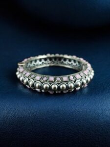 Oxidized Stone Work Silver Replica Openable Bangle | Traditional Beautiful Jewelry — "Baby Pink"
