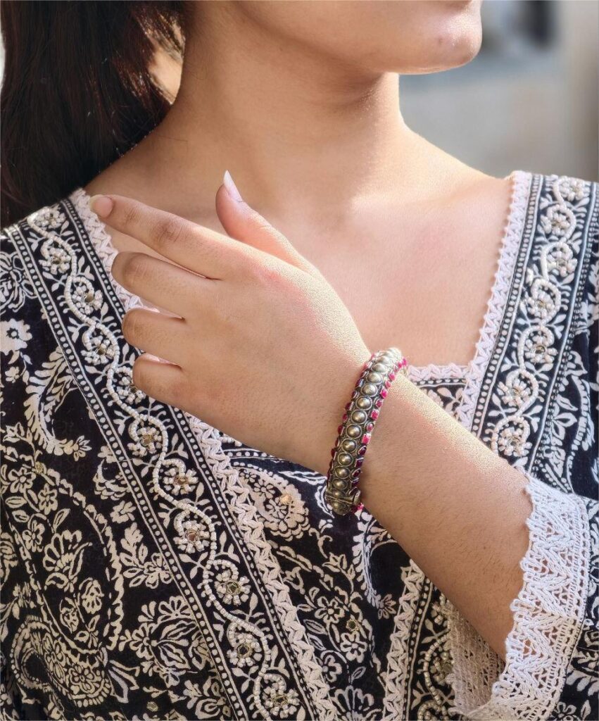 Oxidized Stone Work Silver Replica Openable Bangle | Traditional Beautiful Jewelry