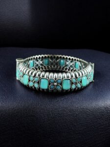 Handcrafted Vintage Look Flower Design Kada | Stone Work Openable Bangle Gift For Her — "Mint"