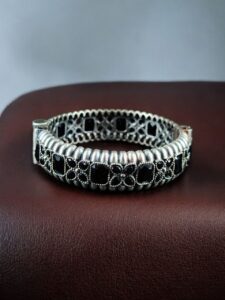 Handcrafted Vintage Look Flower Design Kada | Stone Work Openable Bangle Gift For Her — "Black"