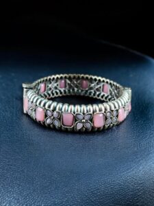 Handcrafted Vintage Look Flower Design Kada | Stone Work Openable Bangle Gift For Her — "Baby Pink"