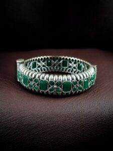 Handcrafted Vintage Look Flower Design Kada | Stone Work Openable Bangle Gift For Her — "Green"