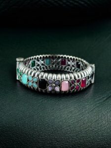 Handcrafted Vintage Look Flower Design Kada | Stone Work Openable Bangle Gift For Her — "Multi"