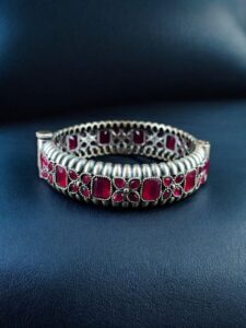 Handcrafted Vintage Look Flower Design Kada | Stone Work Openable Bangle Gift For Her — "Red"