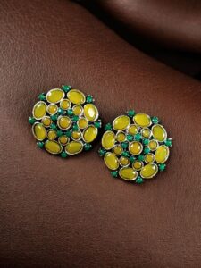 Stylish Stone Detailing Stud Earrings | Silver Plated German Silver Amazing Jewelry For Girls — "Yellow-Green"