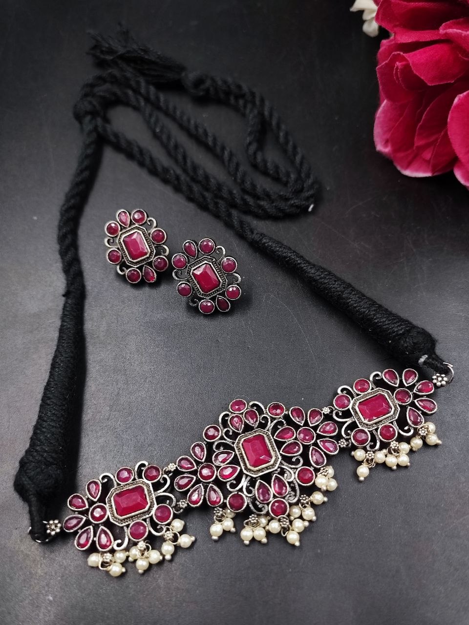 Stone Work Thread Choker Necklace for Women Traditional Ethnic Partywear Jewelry 3 Stone Work Thread Choker Necklace for Women Traditional Ethnic Partywear Jewelry - Image 3