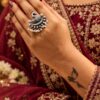Oxidized silver replica adjustable bird ring with pearl work