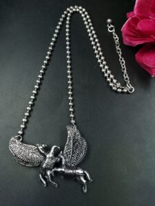 Silver Plated Winged Horse Charm Chain Pendant with Mythical Design and Antique Finish