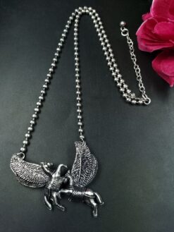 Silver Plated Winged Horse Charm Chain Pendant with Mythical Design and Antique Finish
