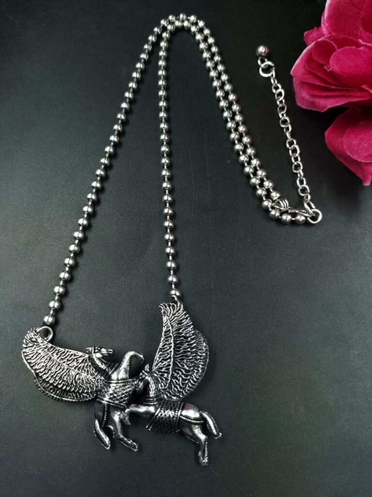 Silver Plated Winged Horse Charm Chain Pendant with Mythical Design and Antique Finish