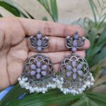 Elegant Flower Design Silver Plated Dangler Earrings with Stone and Pearl Work