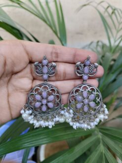 Elegant Flower Design Silver Plated Dangler Earrings with Stone and Pearl Work