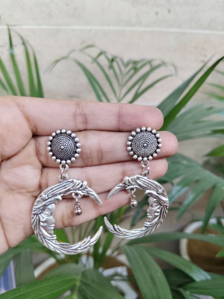 Silver Plated Half Moon Dangler Earrings for Women’s Stylish Ethnic Look