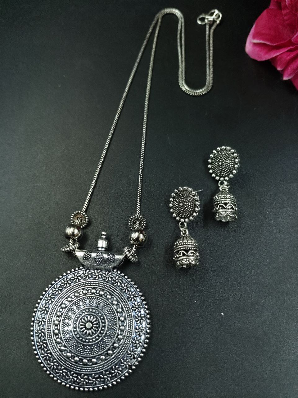 Round Design Oxidized German Silver Chain Necklace Set for Women 1 Round Design Oxidized German Silver Chain Necklace Set for Women