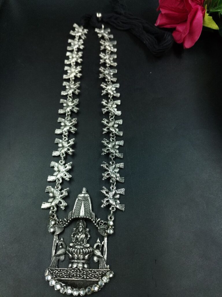 Maa Saraswati Religious Silver Plated Thread Necklace with Stone Work Ethnic Spiritual Jewelry