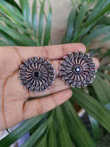 Parrot Design Round Shape Silver Plated Stud Earrings with Fine Stone Work