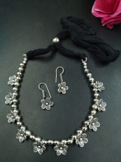 Flower Charm German Silver Chain Pendant Necklace Set for Women Traditional Ethnic Jewelry