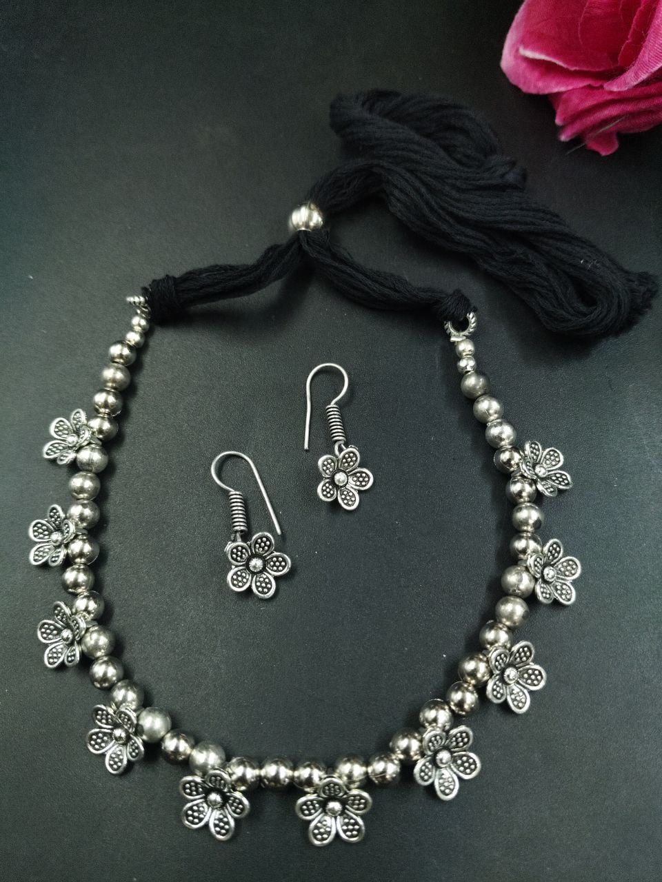 Flower Charm German Silver Chain Pendant Necklace Set for Women Traditional Ethnic Jewelry 1 Flower Charm German Silver Chain Pendant Necklace Set for Women Traditional Ethnic Jewelry