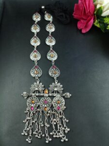 Unique Floral Art Peacock Design Silver Plated Thread Necklace with Elegant Stone And Pearl Work