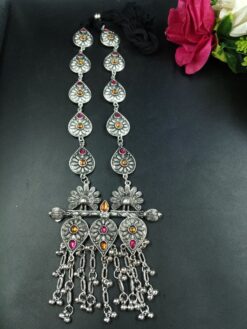 Unique Floral Art Peacock Design Silver Plated Thread Necklace with Elegant Stone And Pearl Work