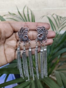 Peacock Design German Silver Dangler Earrings with Elegant Hanging Chain Detail