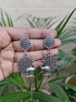 German Silver Peacock Dangler Earrings for Women with Traditional Ethnic Design