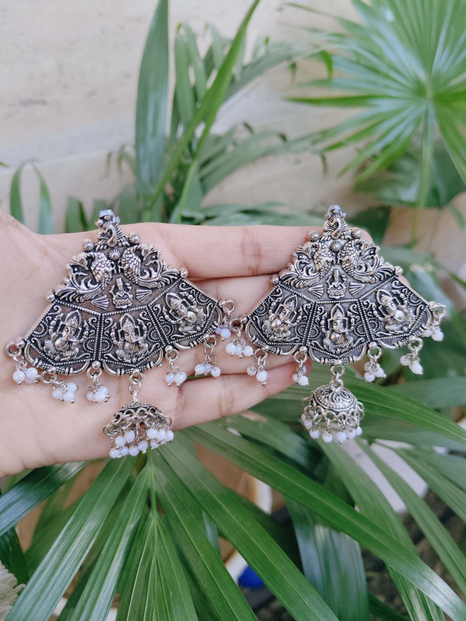 Silver Plated Religious Jhumka Earrings with Elegant Traditional Pearl Work Design 1 Silver Plated Religious Jhumka Earrings with Elegant Traditional Pearl Work Design