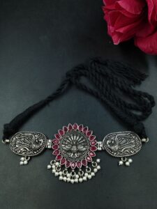 Peacock Design Silver Plated Thread Necklace with Stone and Pearl Work Ethnic Jewelry