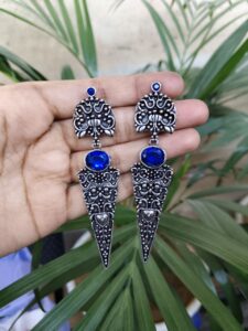 Oxidized Silver Replica Dangler Earrings with Intricate Stone Work Design — "Blue"