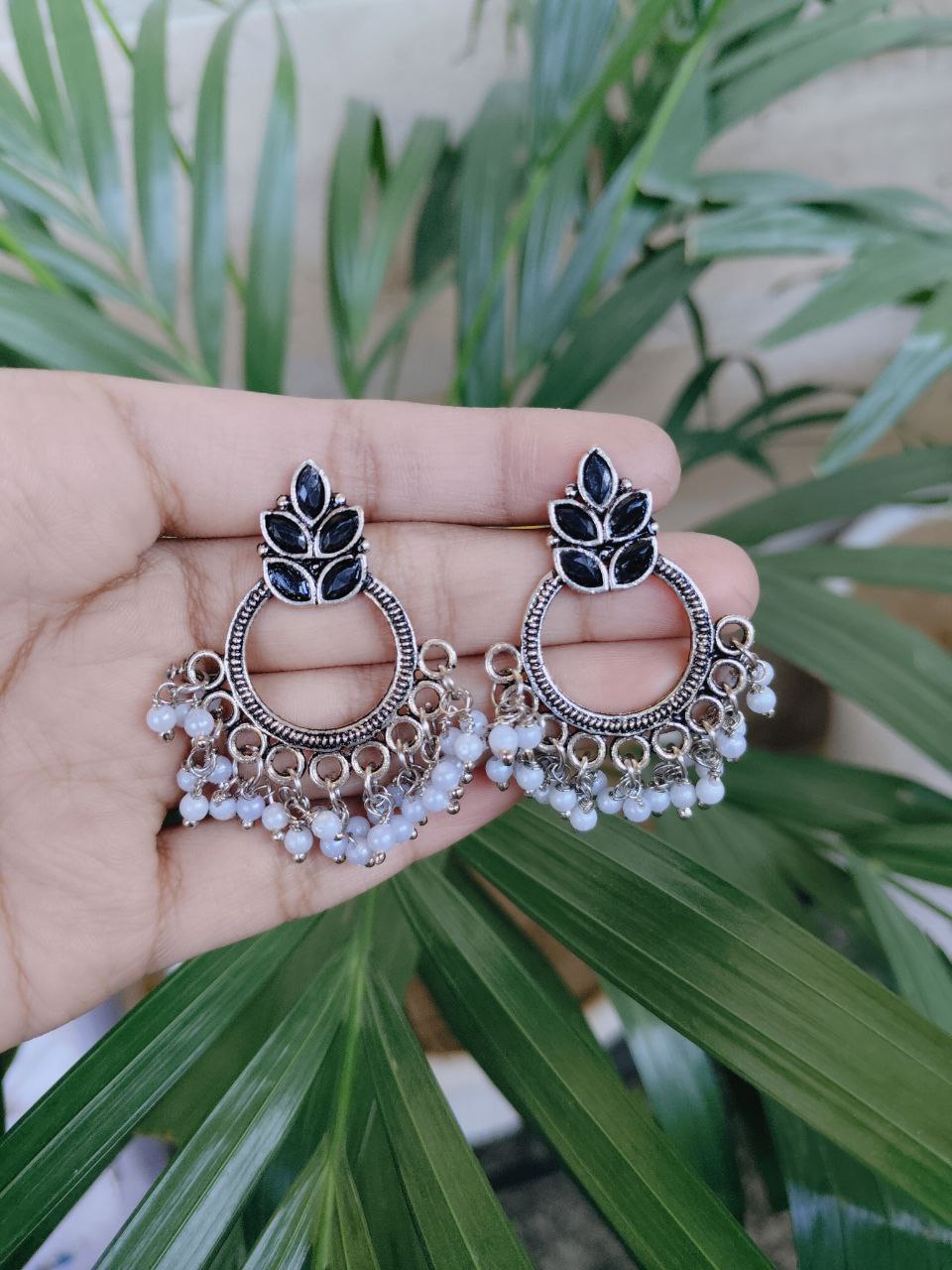 Silver Plated Round Leaf Design Earrings with Elegant Stone and Pearl Work 1 Silver Plated Round Leaf Design Earrings with Elegant Stone and Pearl Work