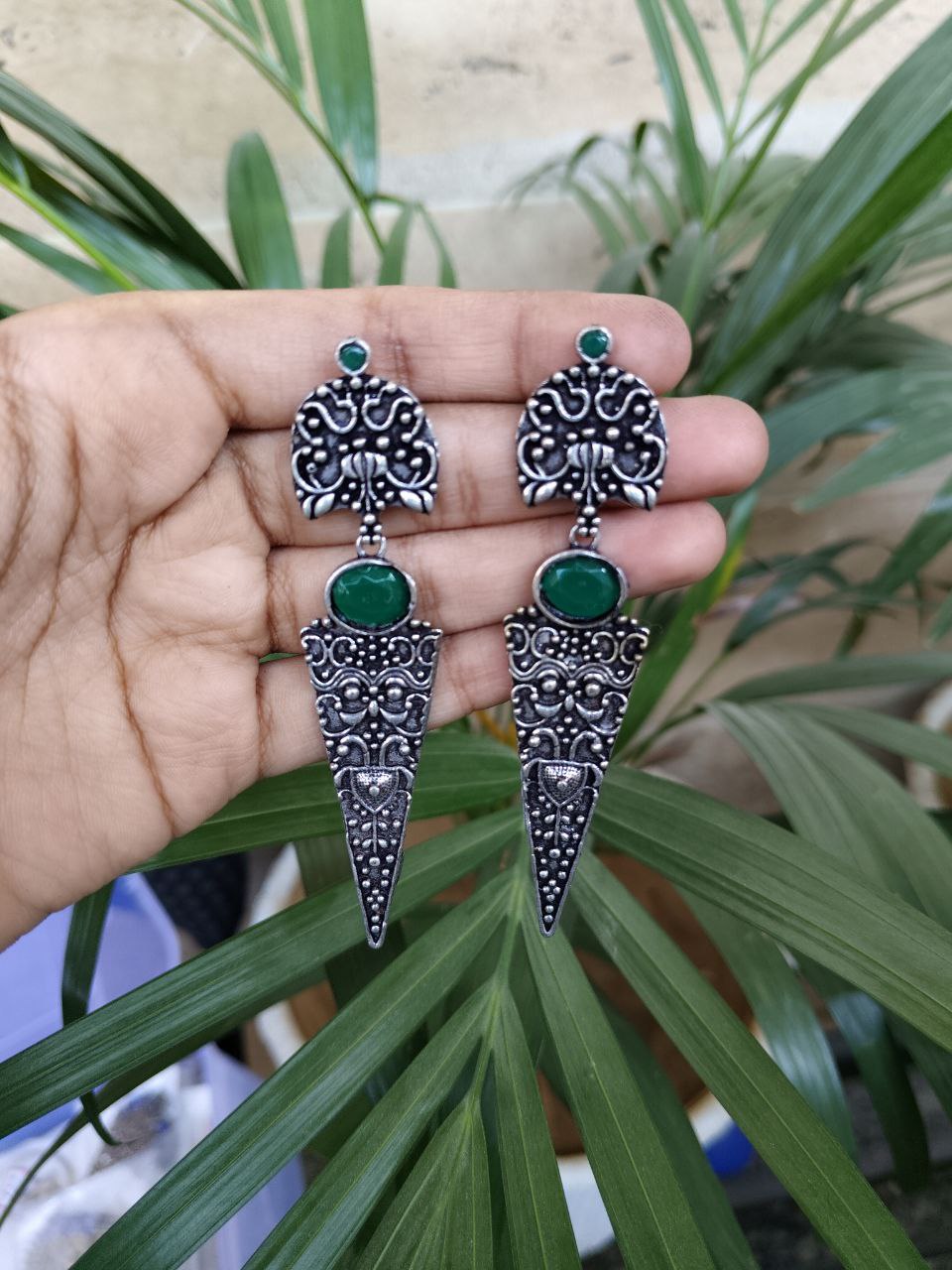 Oxidized Silver Replica Dangler Earrings with Intricate Stone Work Design 3 Oxidized Silver Replica Dangler Earrings with Intricate Stone Work Design - Image 4