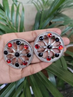 German Silver Round Stud Earrings with Beautiful Stone Work for Women’s Ethnic Style
