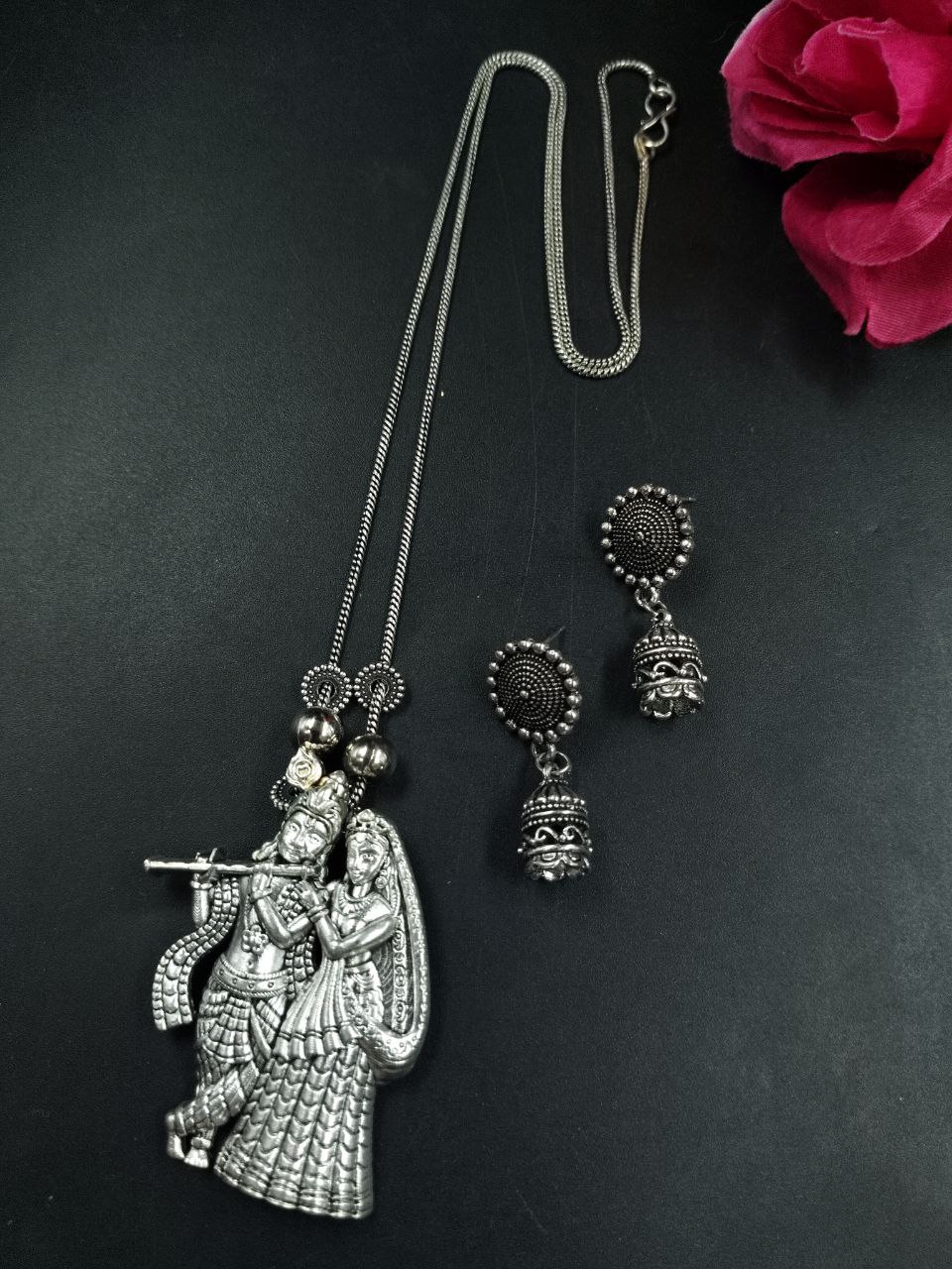 Silver Plated Radha Krishna Spiritual Chain Pendant with Divine Traditional Detailing 1 Silver Plated Radha Krishna Spiritual Chain Pendant with Divine Traditional Detailing