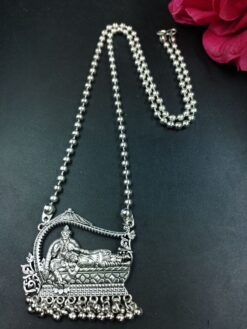 Maa Lakshmi and Lord Narayan Silver Plated Religious Pendant with Pearl Work