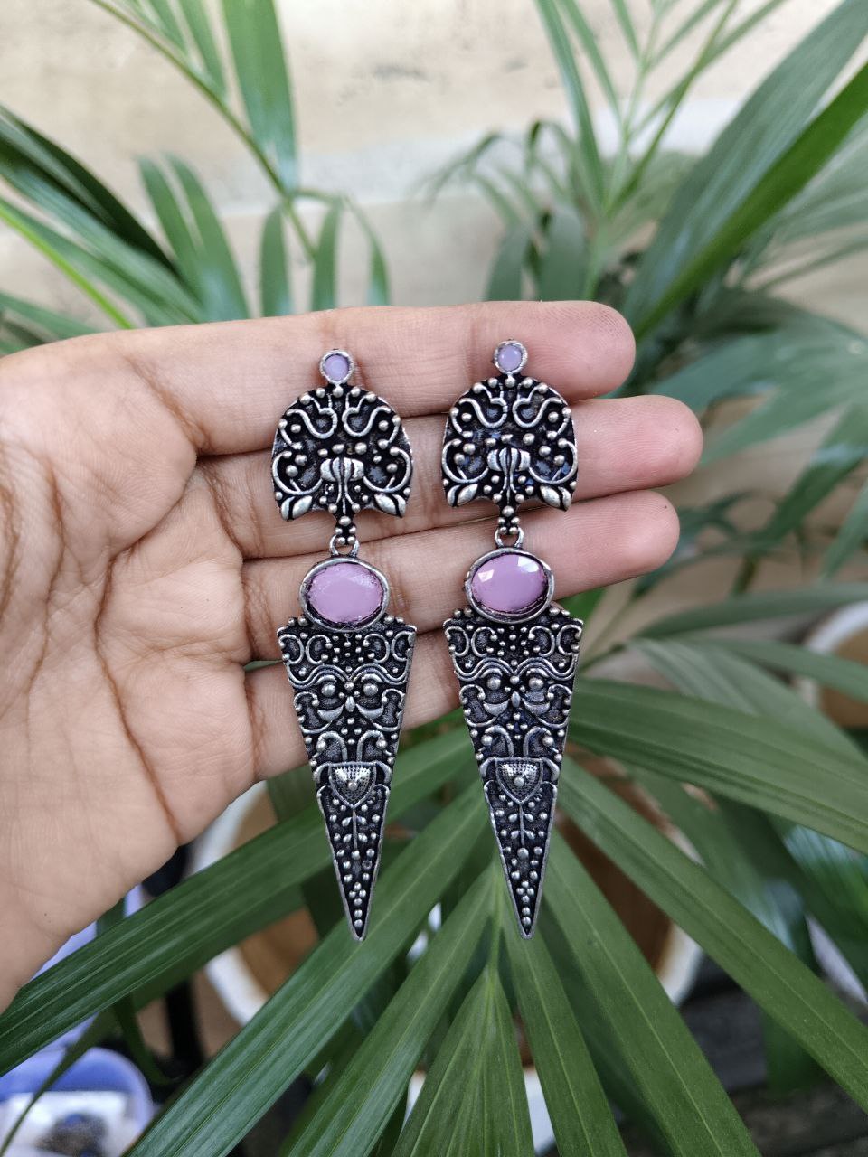Oxidized Silver Replica Dangler Earrings with Intricate Stone Work Design 2 Oxidized Silver Replica Dangler Earrings with Intricate Stone Work Design - Image 3