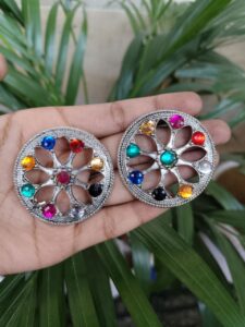 German Silver Round Stud Earrings with Beautiful Stone Work for Women’s Ethnic Style - color: "Multi"