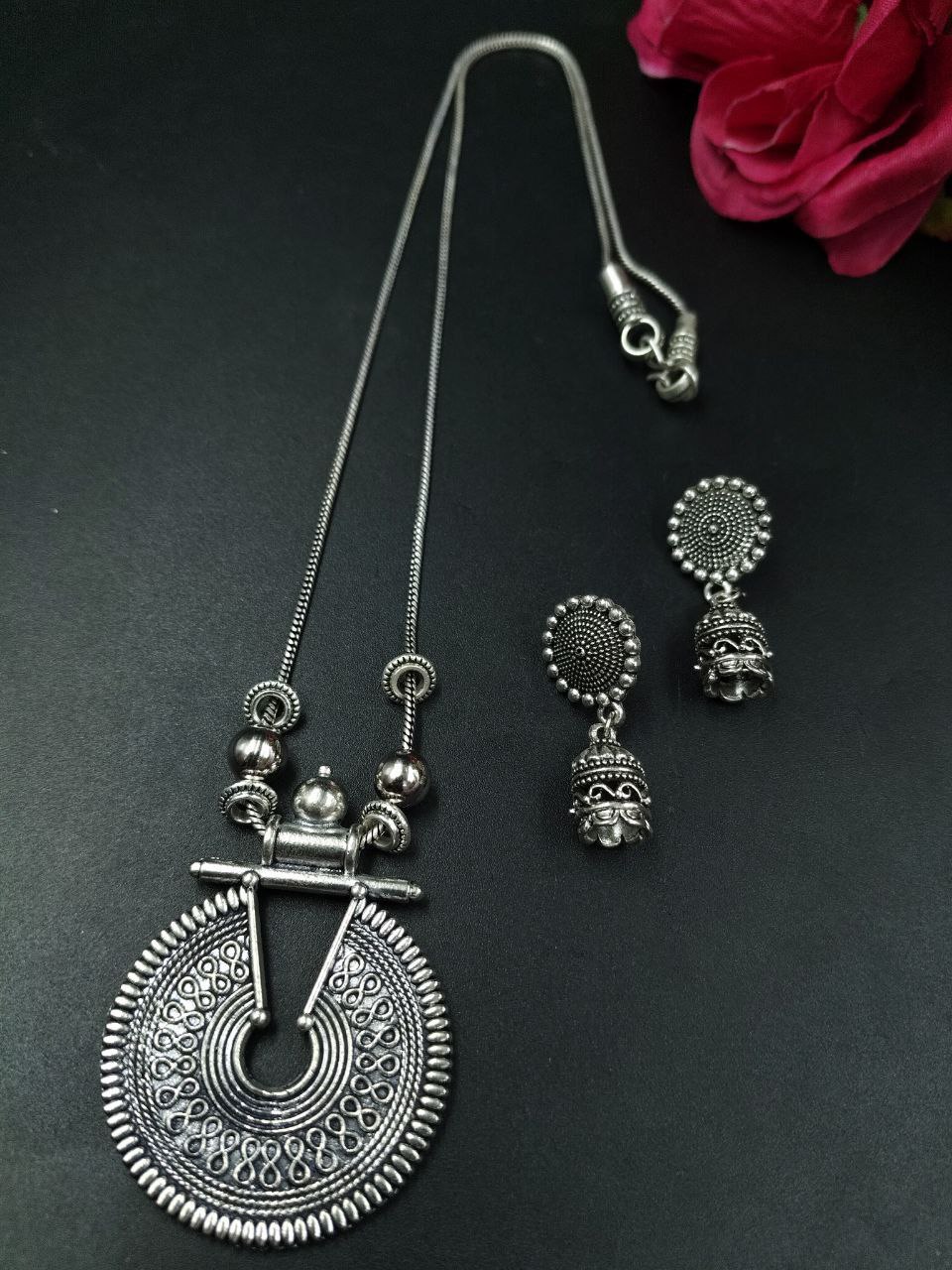 German Silver Half Circle Chain Pendant Necklace for Women with Ethnic Stylish Design 1 German Silver Half Circle Chain Pendant Necklace for Women with Ethnic Stylish Design
