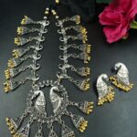 Silver Plated Bird Design Ethnic Necklace Set with Elegant Golden Beads Work