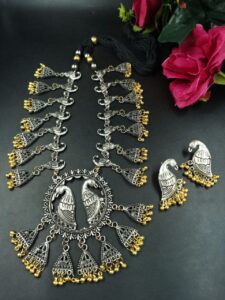 Silver Plated Bird Design Ethnic Necklace Set with Elegant Golden Beads Work