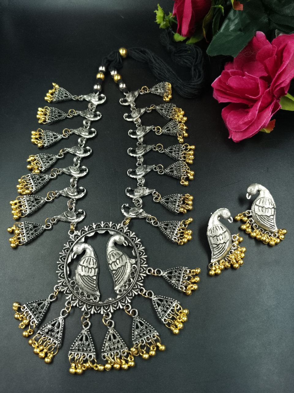 Silver Plated Bird Design Ethnic Necklace Set with Elegant Golden Beads Work 1 Silver Plated Bird Design Ethnic Necklace Set with Elegant Golden Beads Work