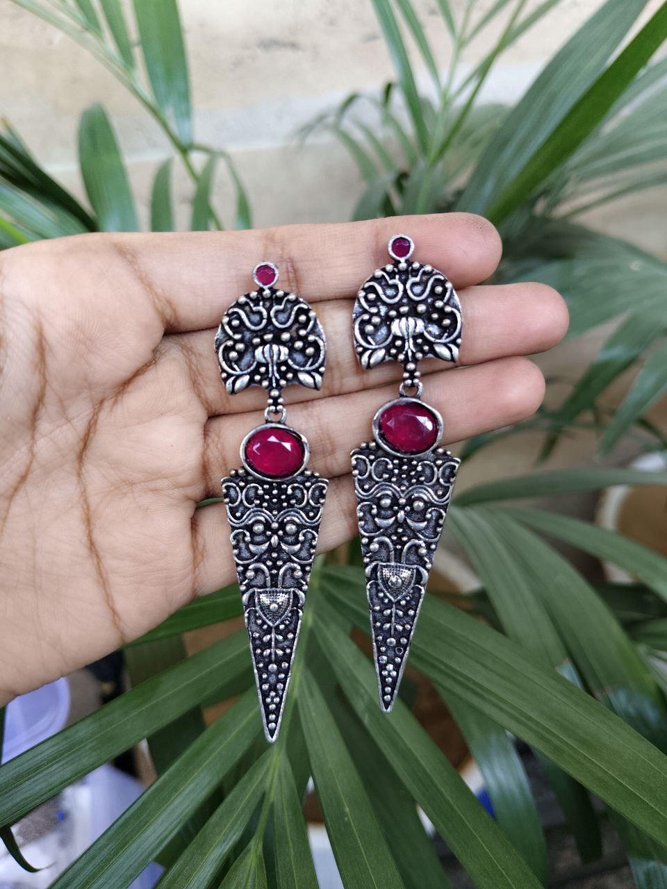 Oxidized Silver Replica Dangler Earrings with Intricate Stone Work Design 1 Oxidized Silver Replica Dangler Earrings with Intricate Stone Work Design