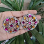 Bulk 112 German Silver Round Stud Earrings with Beautiful Stone Work for Women’s Ethnic Style - "Red-Yellow"