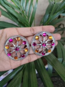 German Silver Round Stud Earrings with Beautiful Stone Work for Women’s Ethnic Style - color: "Red-Yellow"