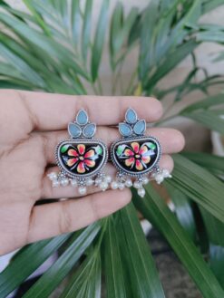 Silver Plated Hand Painted Earrings with Traditional Look and Elegant Stone Pearl Work
