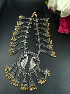 Ethnic Silver Plated Bird Design Necklace with Beautiful Golden Beads Work