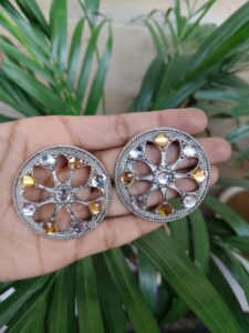 German Silver Round Stud Earrings with Beautiful Stone Work for Women’s Ethnic Style - color: "Yellow-White"