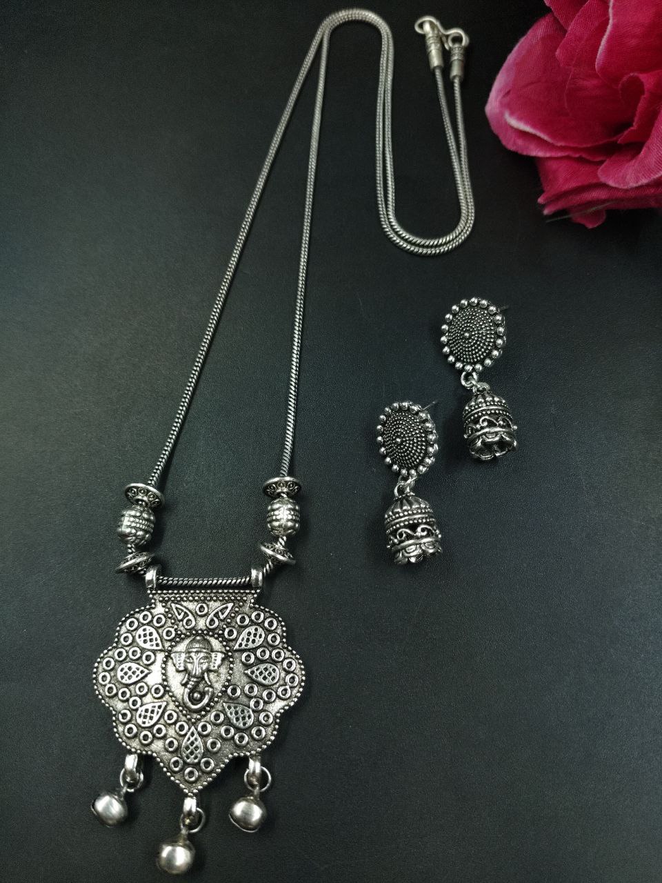 Ganesha Design German Silver Chain Pendant Necklace Set for Women 1 Ganesha Design German Silver Chain Pendant Necklace Set for Women