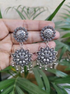 German Silver Flower Dangler Earrings for Women with Traditional Ethnic Design
